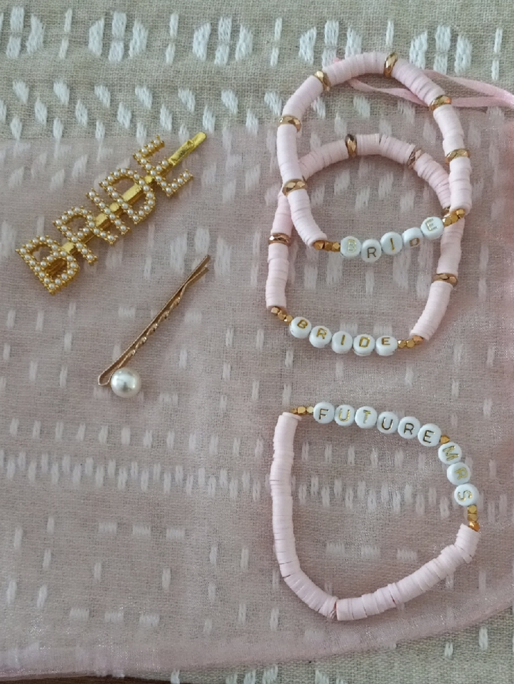 Pink 'Bride' & 'Future Mrs' Beaded Stackable Bracelet Set